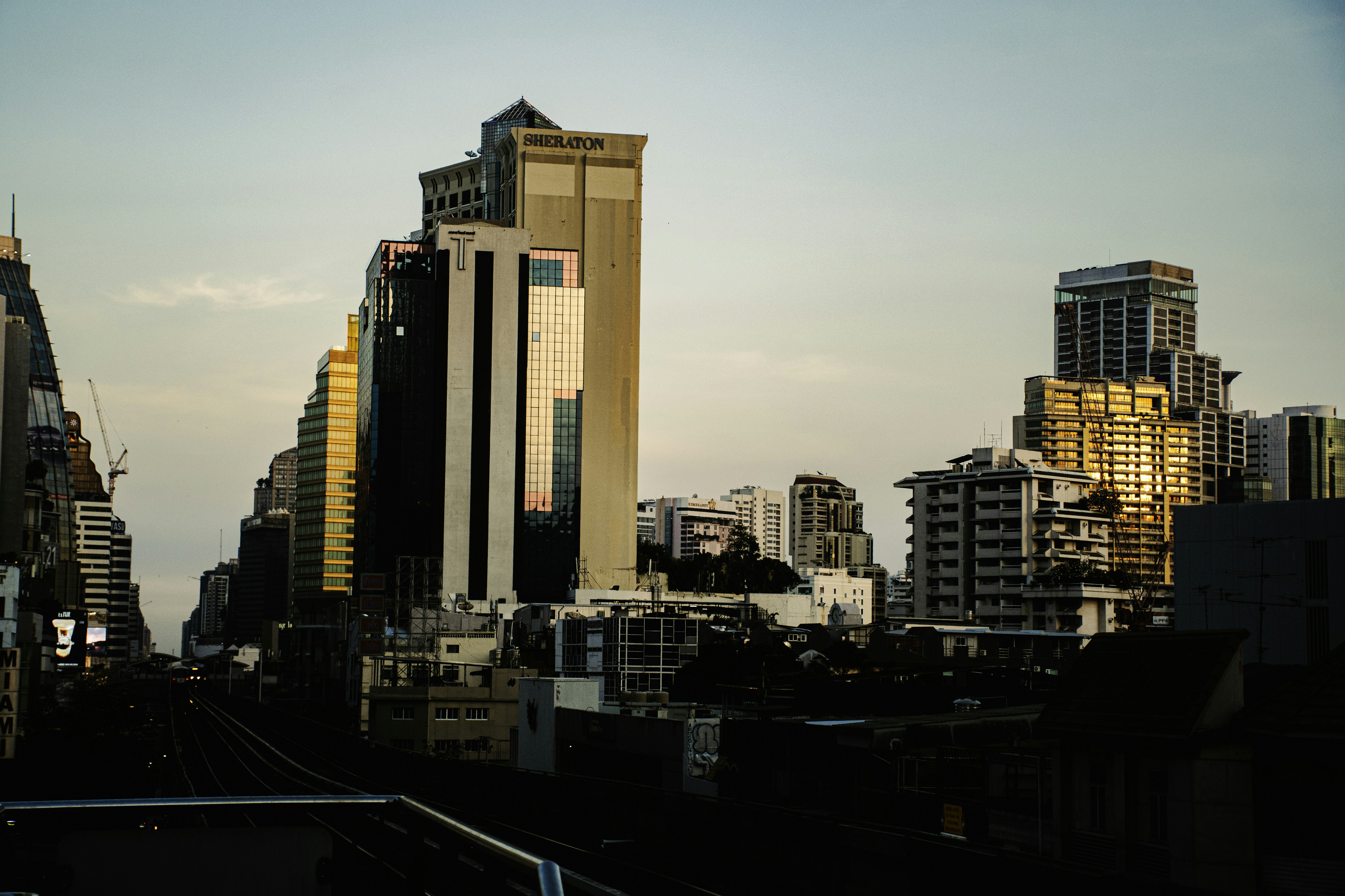 A view of a city with tall buildings