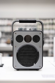A radio sitting on top of a white table