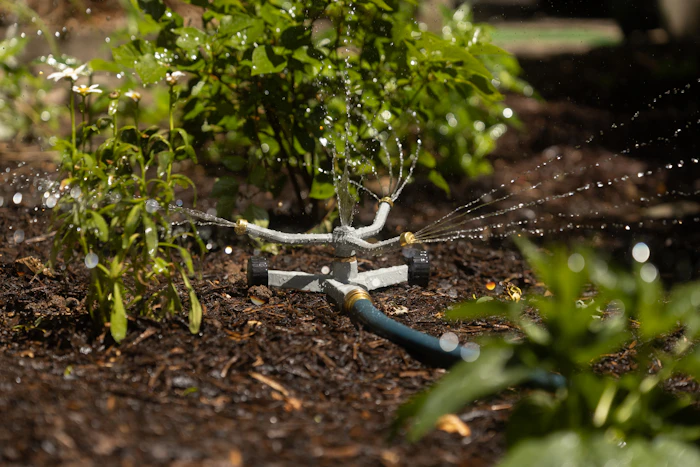 Garden sprinkler spraying water over shrubs