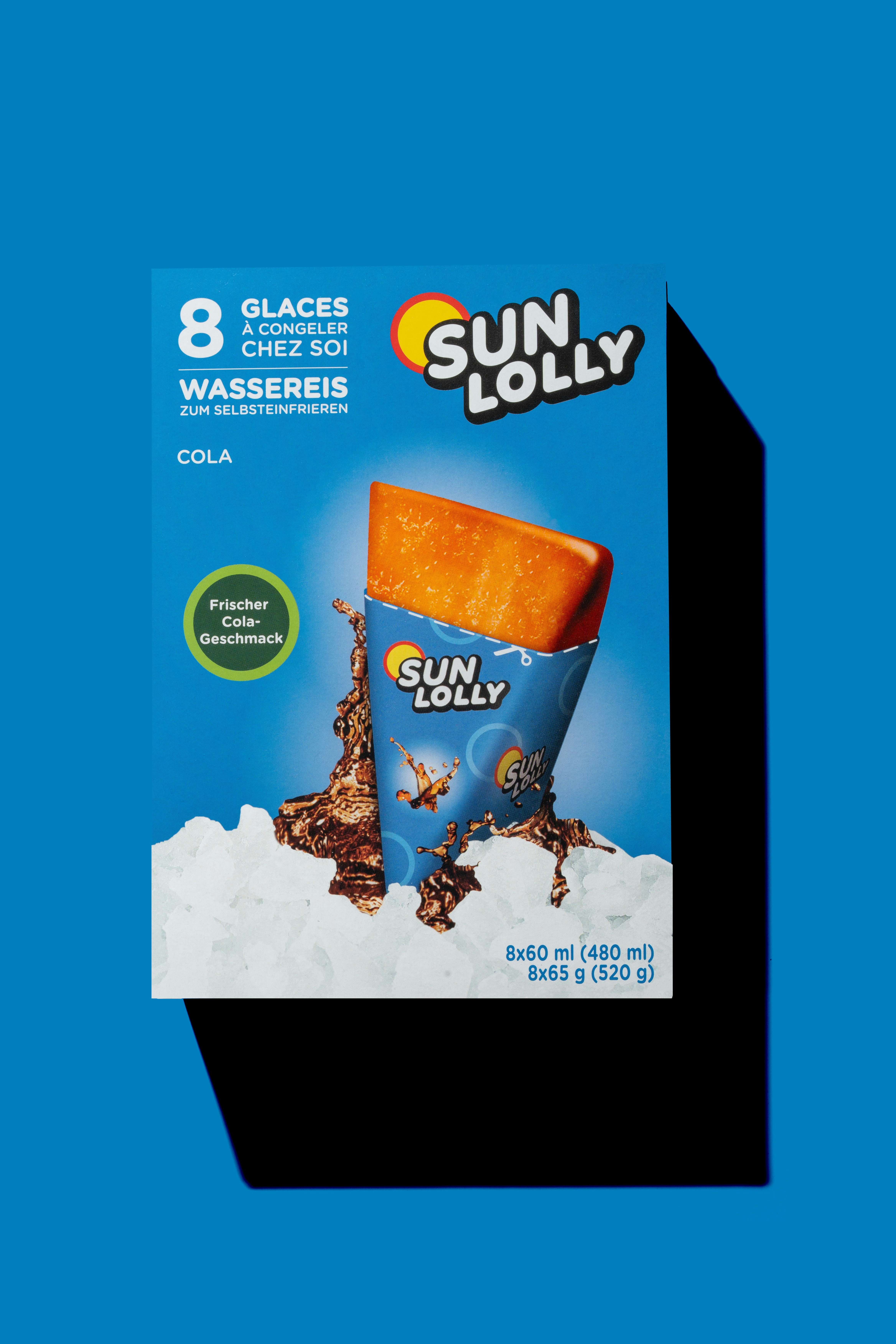 A box of sun jolly ice cream on a blue background