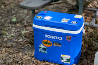 A blue cooler sitting on the ground next to a bench
