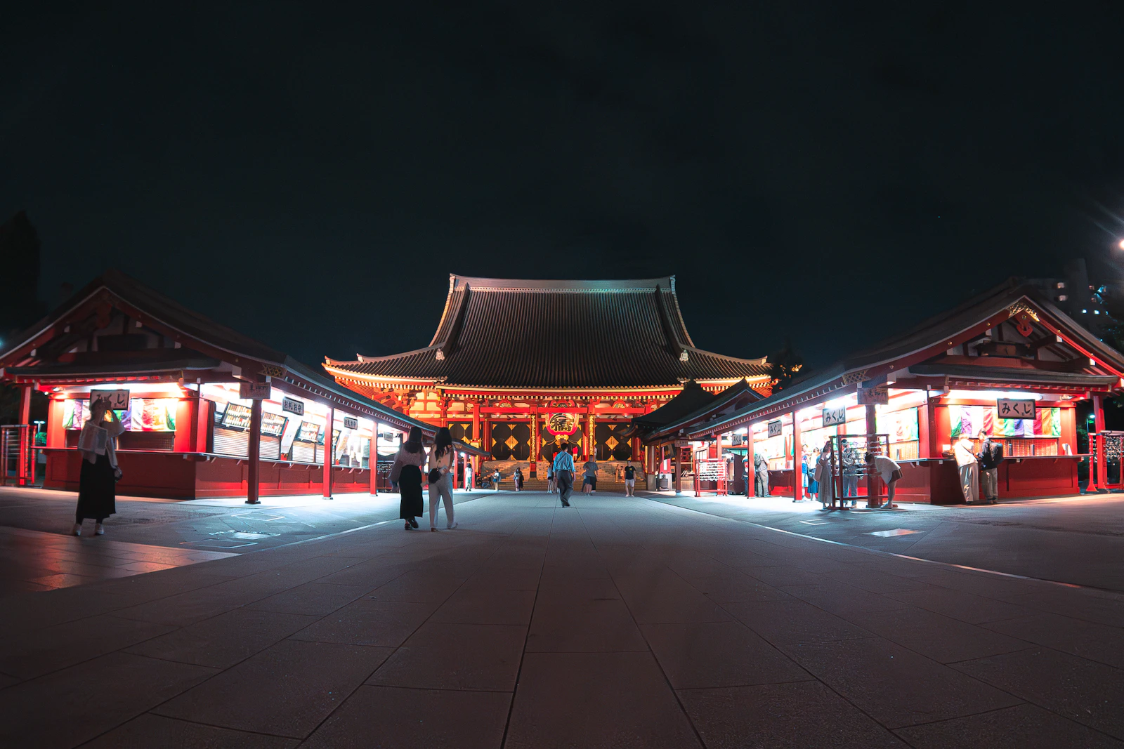 Visitors outside Senso-ji temple at night