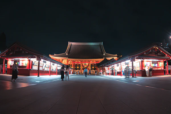 Visitors outside Senso-ji temple at night