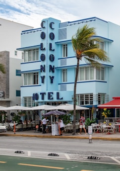 A blue building with a palm tree in front of it