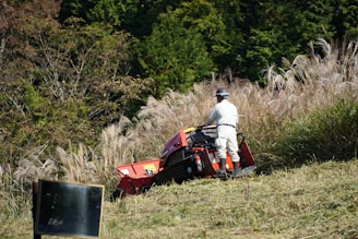 A man riding on the back of a red lawn mower