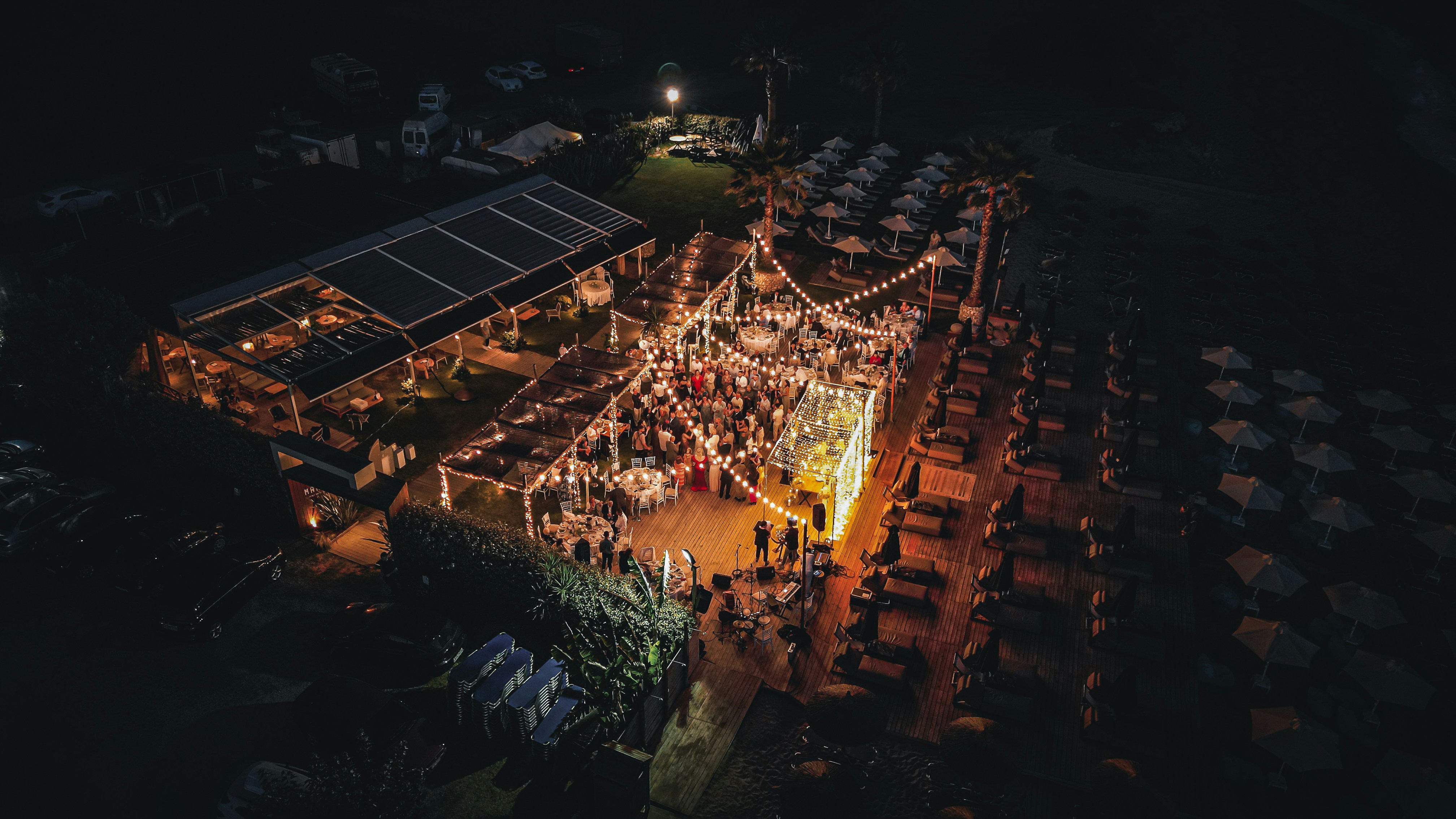 An aerial view of a carnival at night