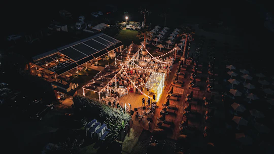 An aerial view of a carnival at night