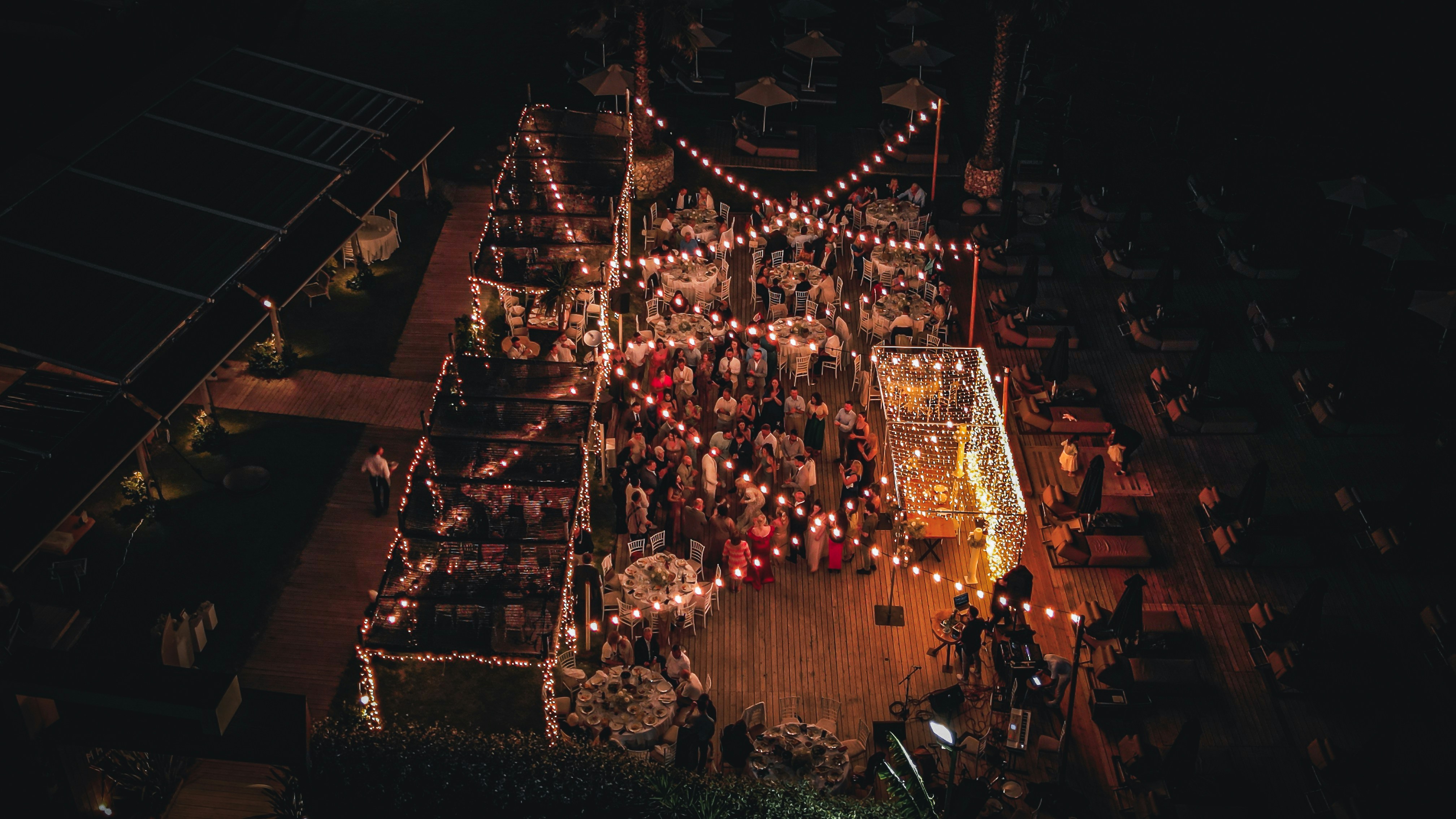 An aerial view of a christmas display at night