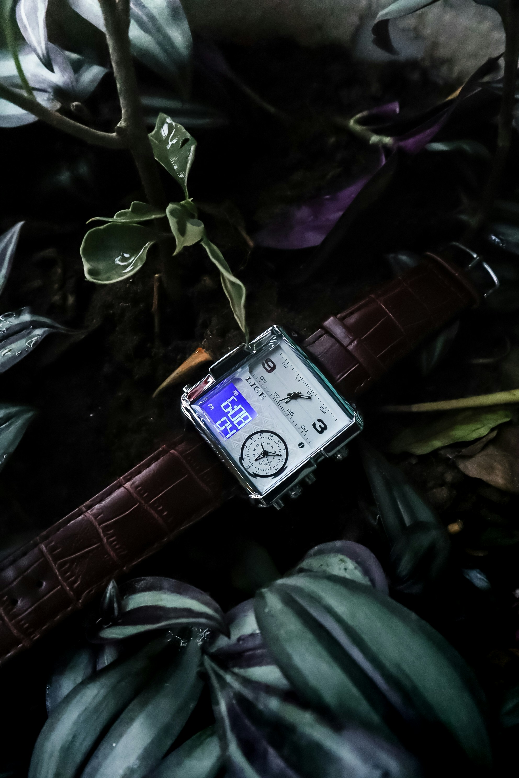 A watch sitting on top of a leaf covered ground