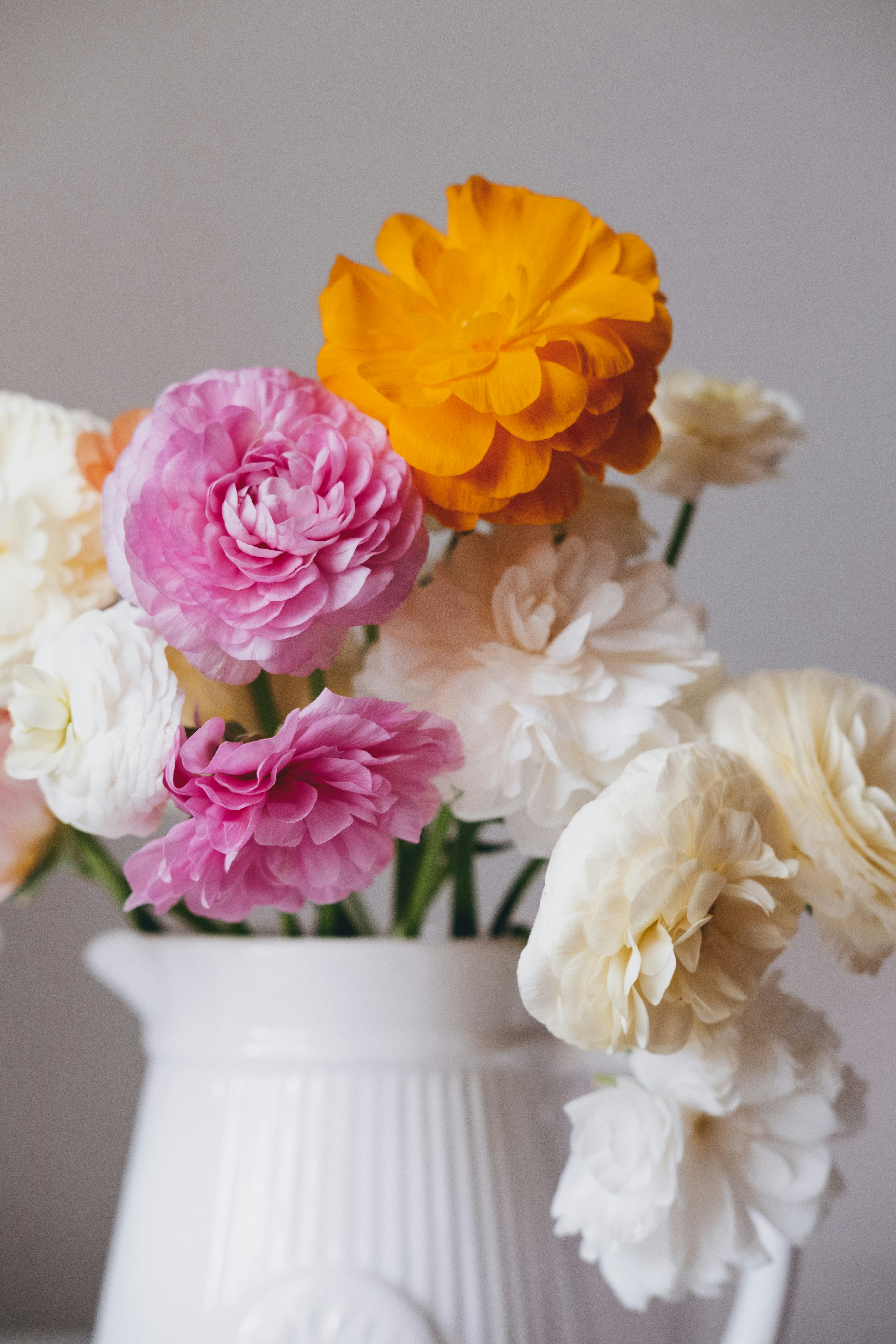 A white vase filled with colorful flowers on top of a table