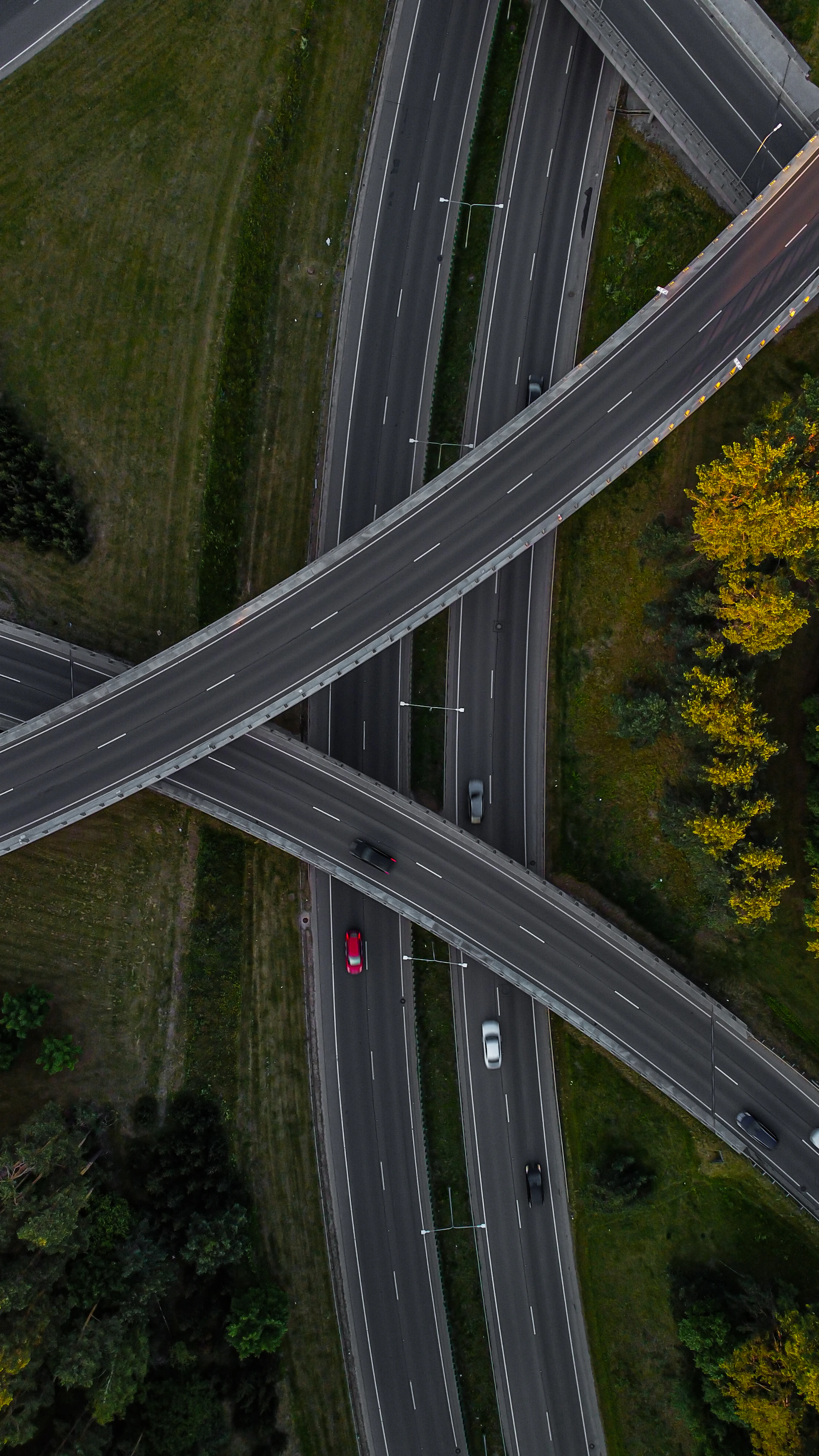An aerial view of a highway intersection in the fall