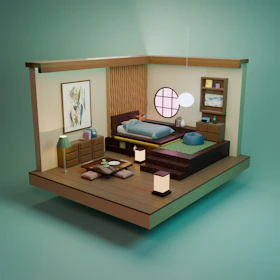 A model of a bedroom with a bed and desk