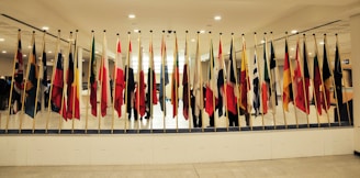 A room with a lot of flags on the wall