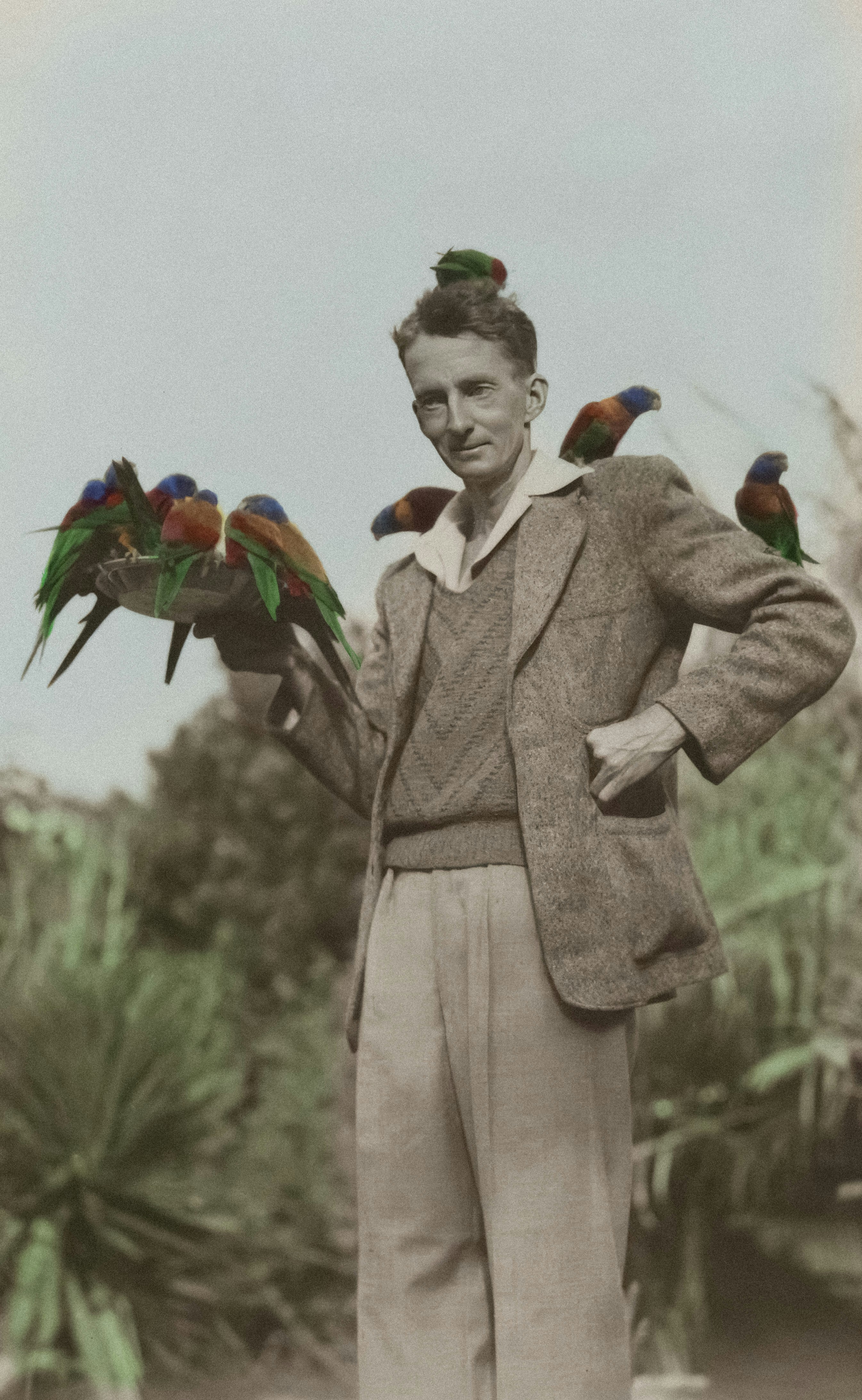 Un hombre sosteniendo una bandeja de loros coloridos en el brazo.