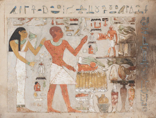 Ancient egyptian hieroglyphs and figures on a tomb wall.