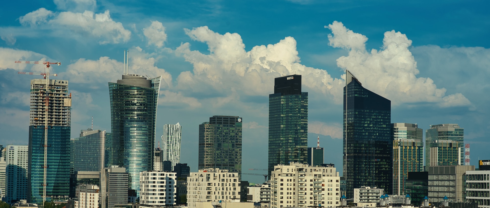 A view of a city with tall buildings