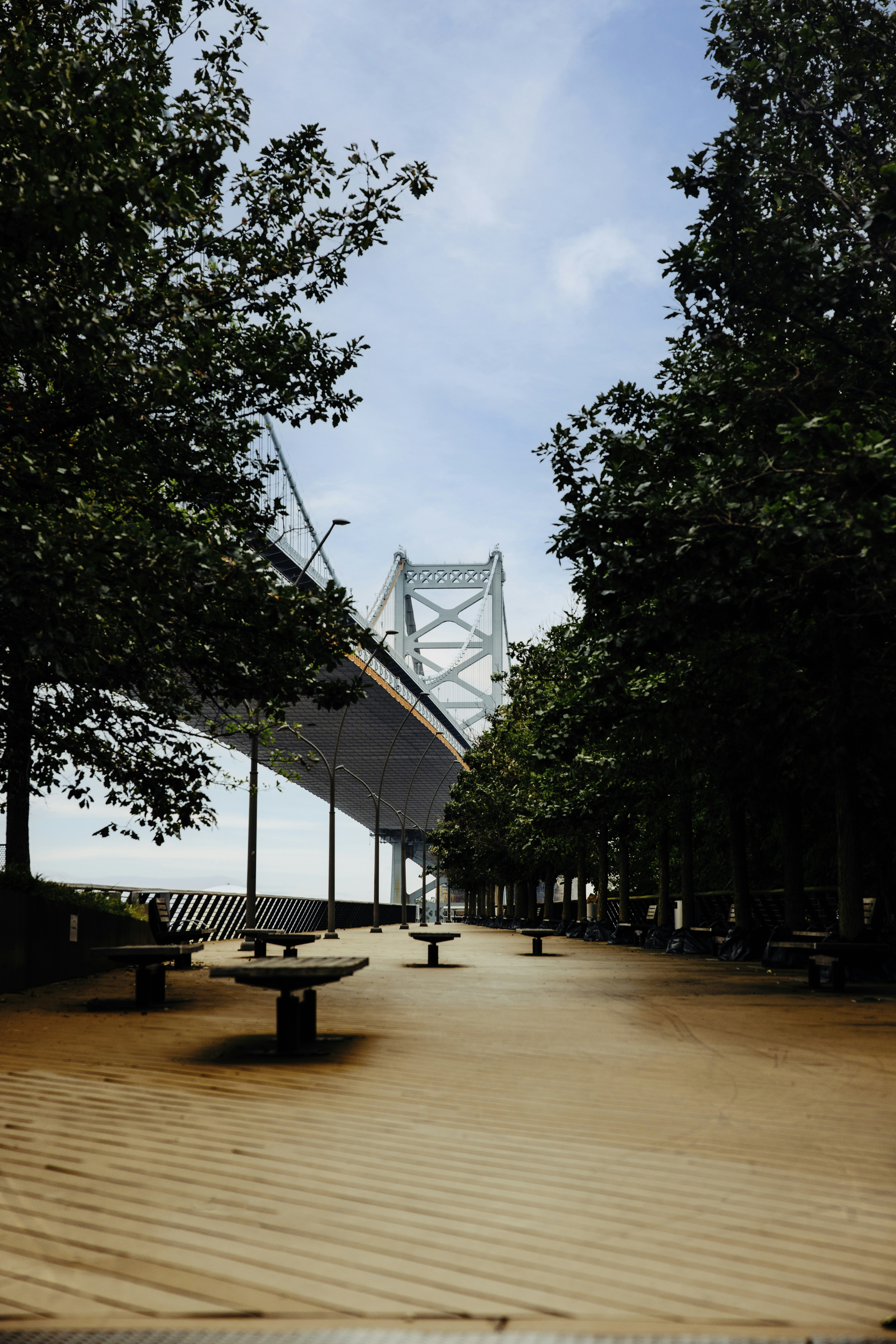 A park with benches and a bridge in the background