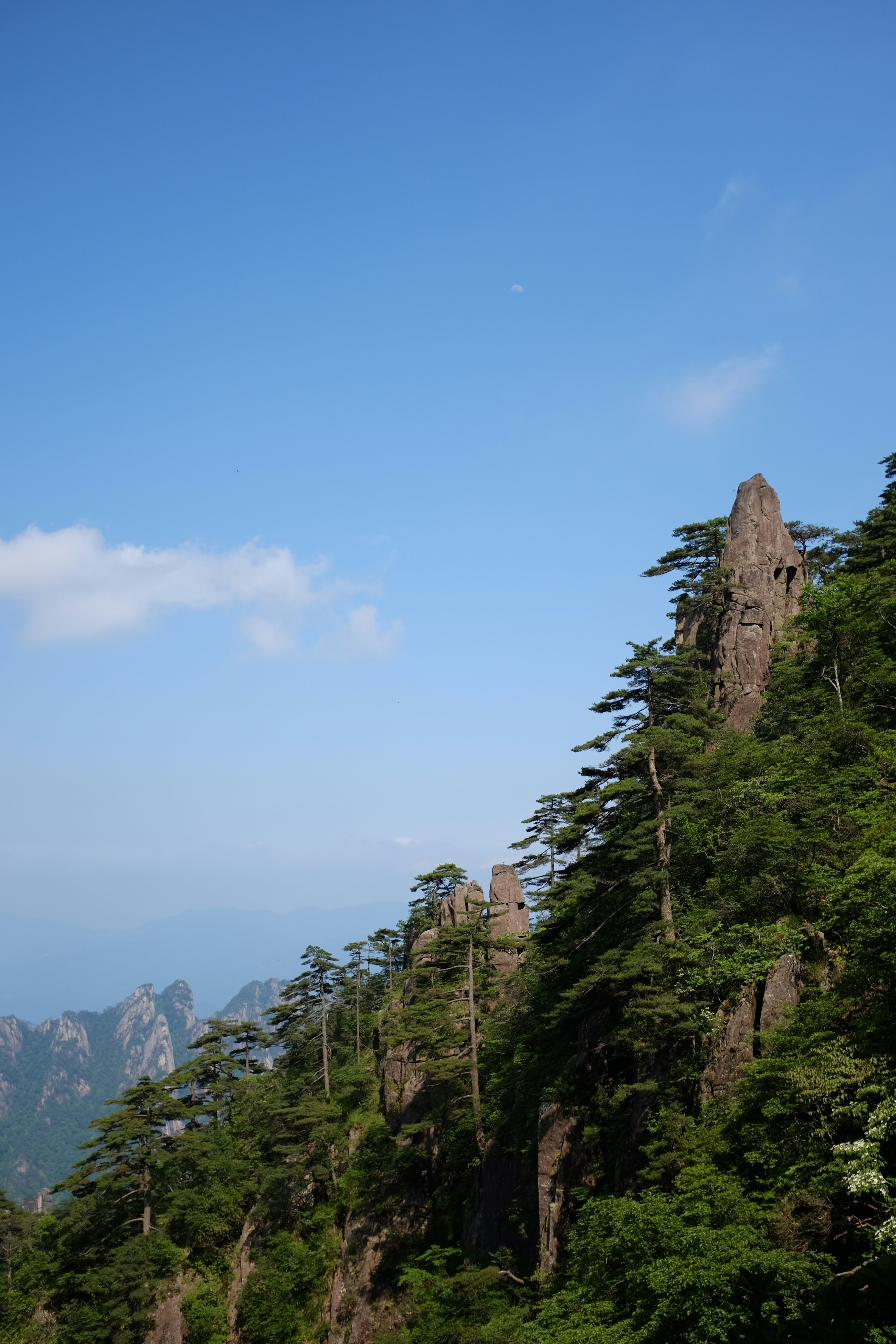 A scenic view of a mountain with trees and mountains in the background