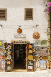A building with a bunch of plates on the outside of it