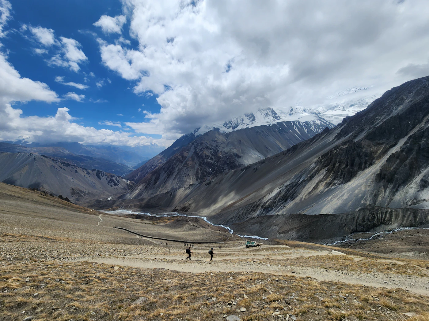 Hikers walking along a rocky trail in the Nepalese Himalayas