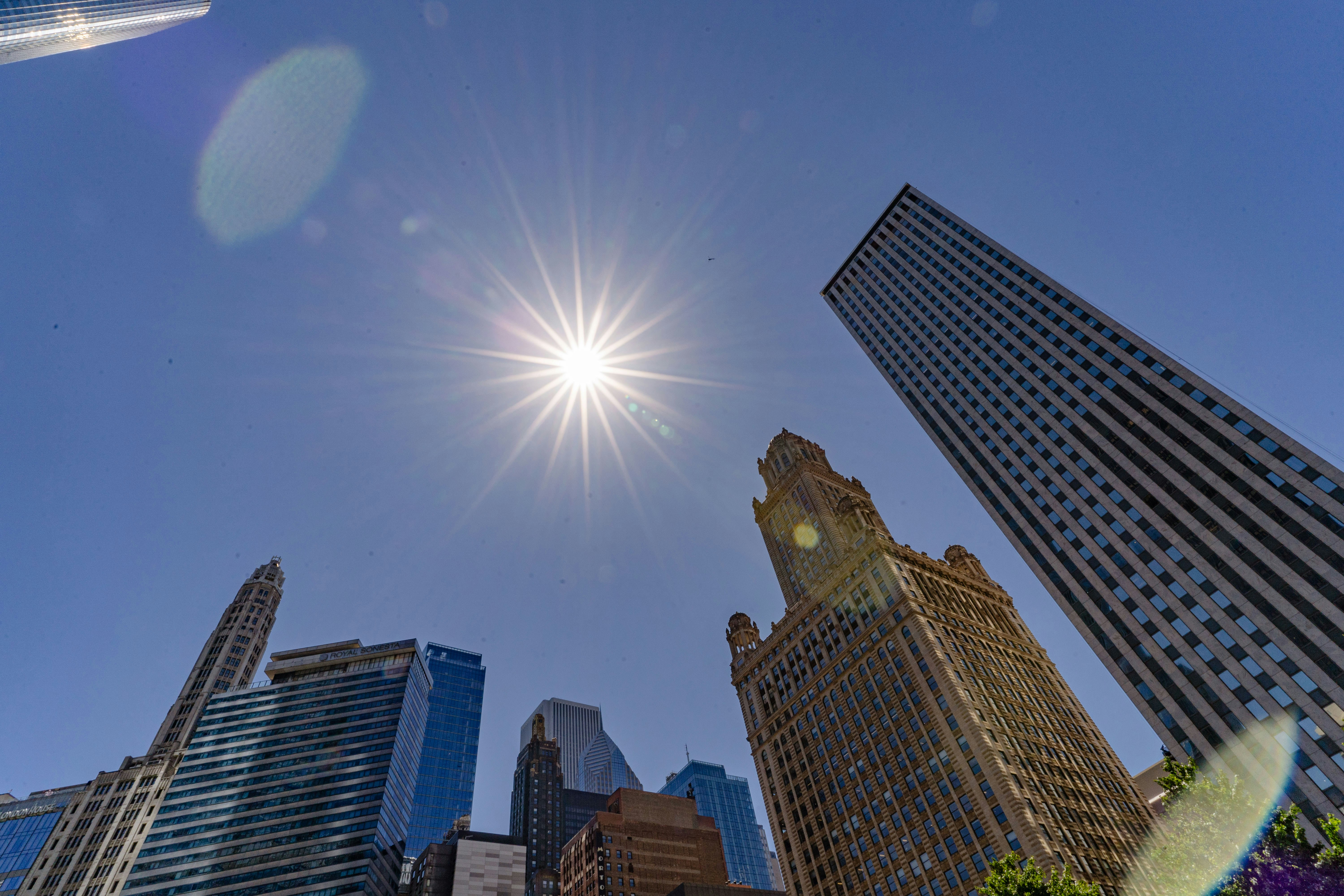 高層ビルが立ち並ぶ都市の上空を飛ぶ飛行機