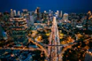 An aerial view of a city at night
