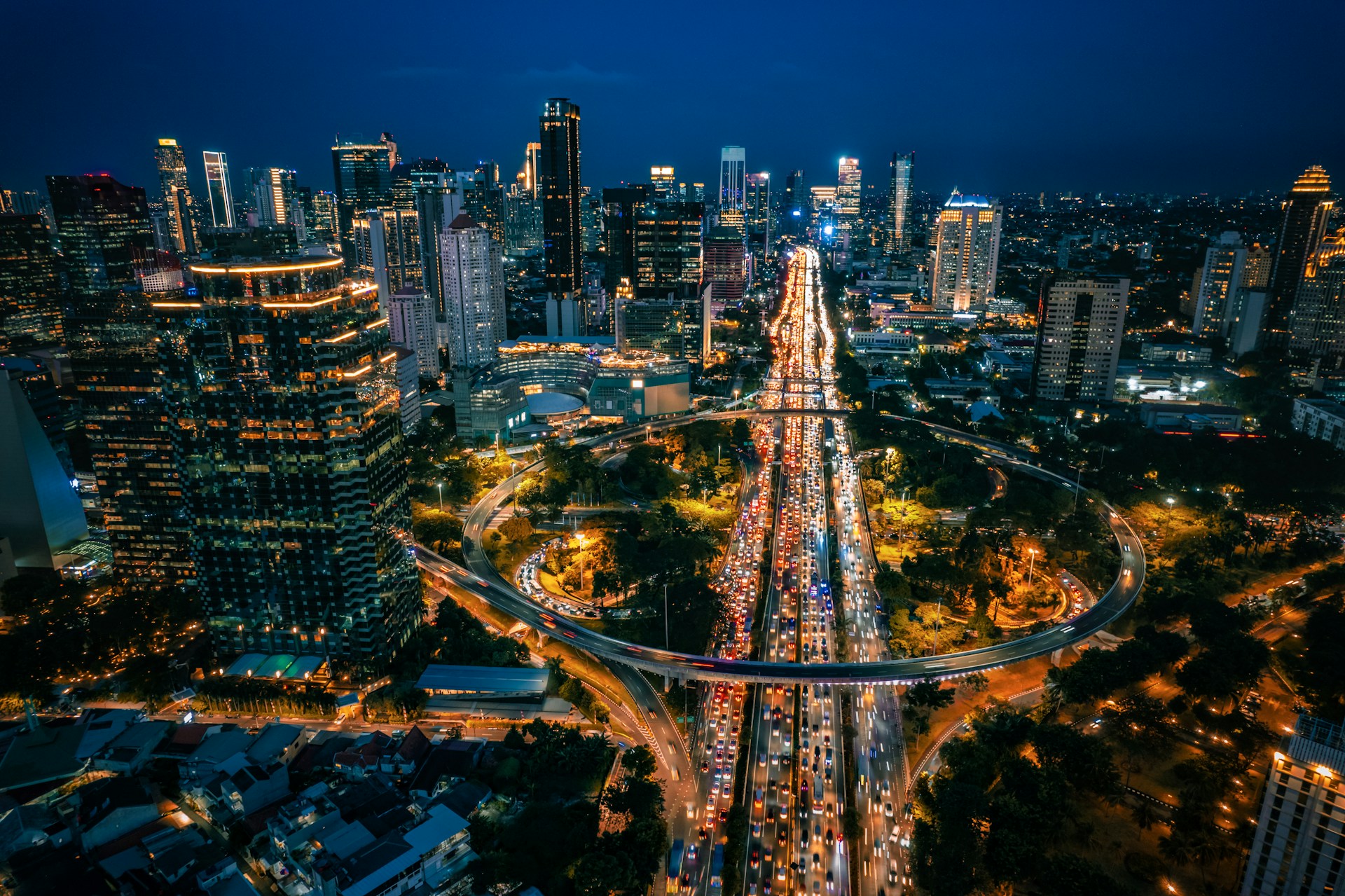 An aerial view of a city at night