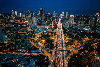 An aerial view of a city at night