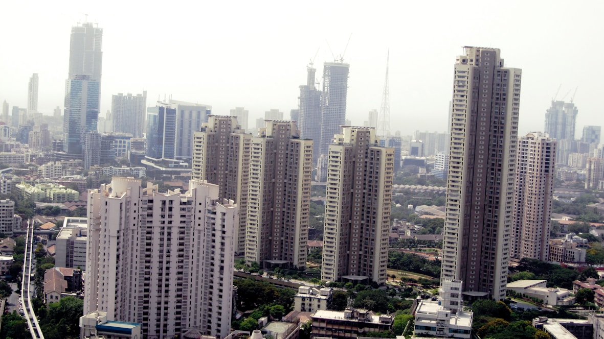 A view of a city with tall buildings