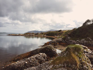 A large body of water surrounded by rocks