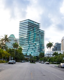 A city street lined with tall buildings and palm trees
