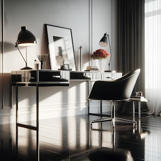 A black and white photo of a desk and chair