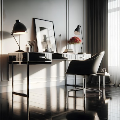 A black and white photo of a desk and chair