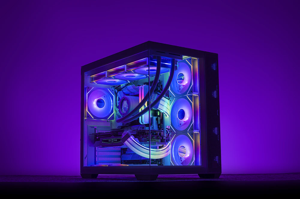 Custom gaming PC with RGB fans and liquid cooling