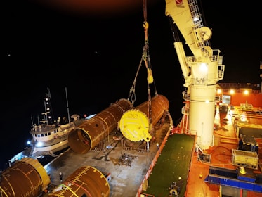 A crane is lifting logs onto a ship