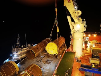 A crane is lifting logs onto a ship
