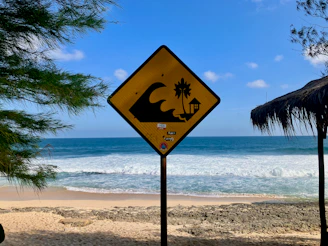 A yellow sign sitting on the side of a beach
