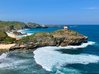 An aerial view of a beach and ocean