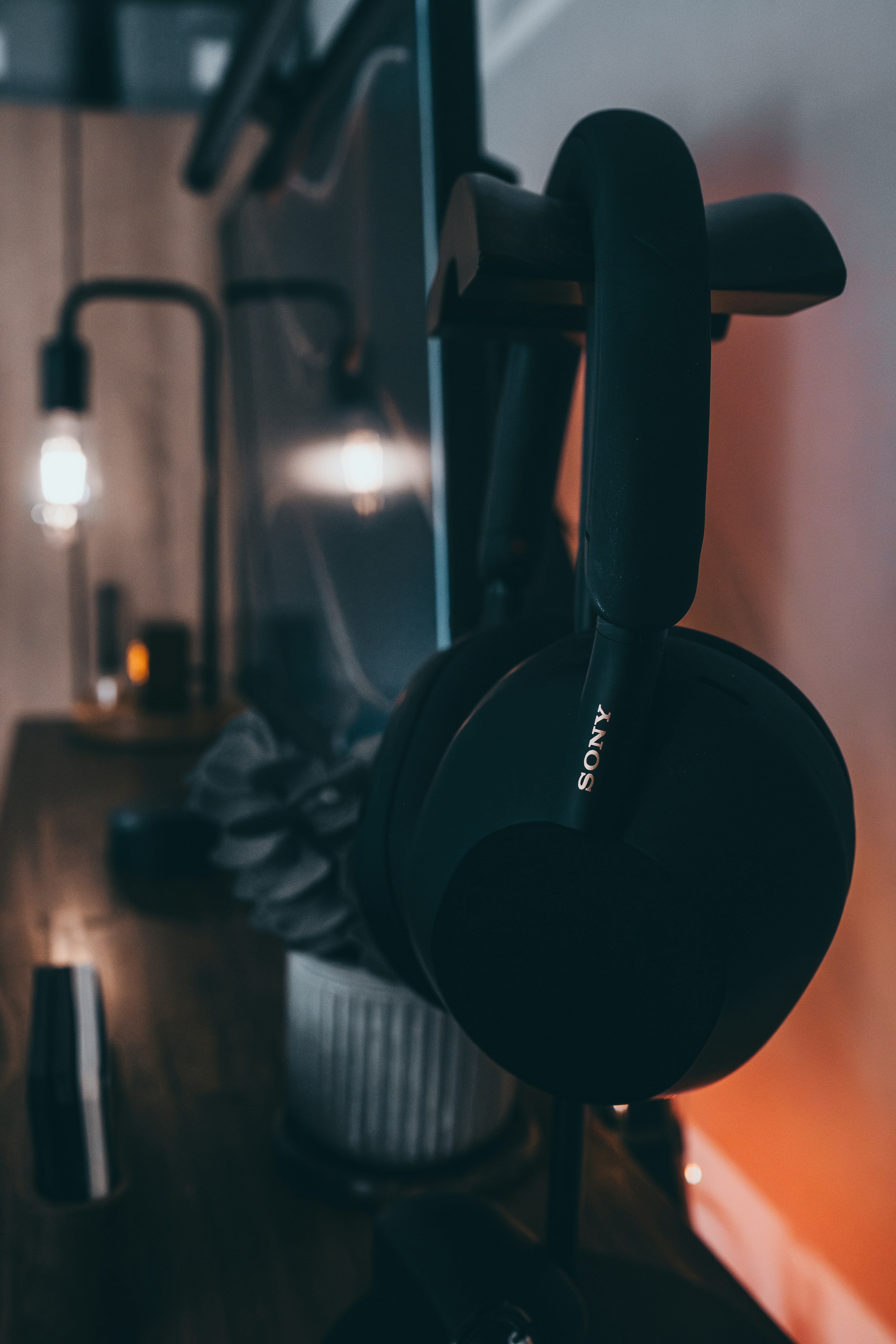 Sony headphones on white background, bright studio lighting