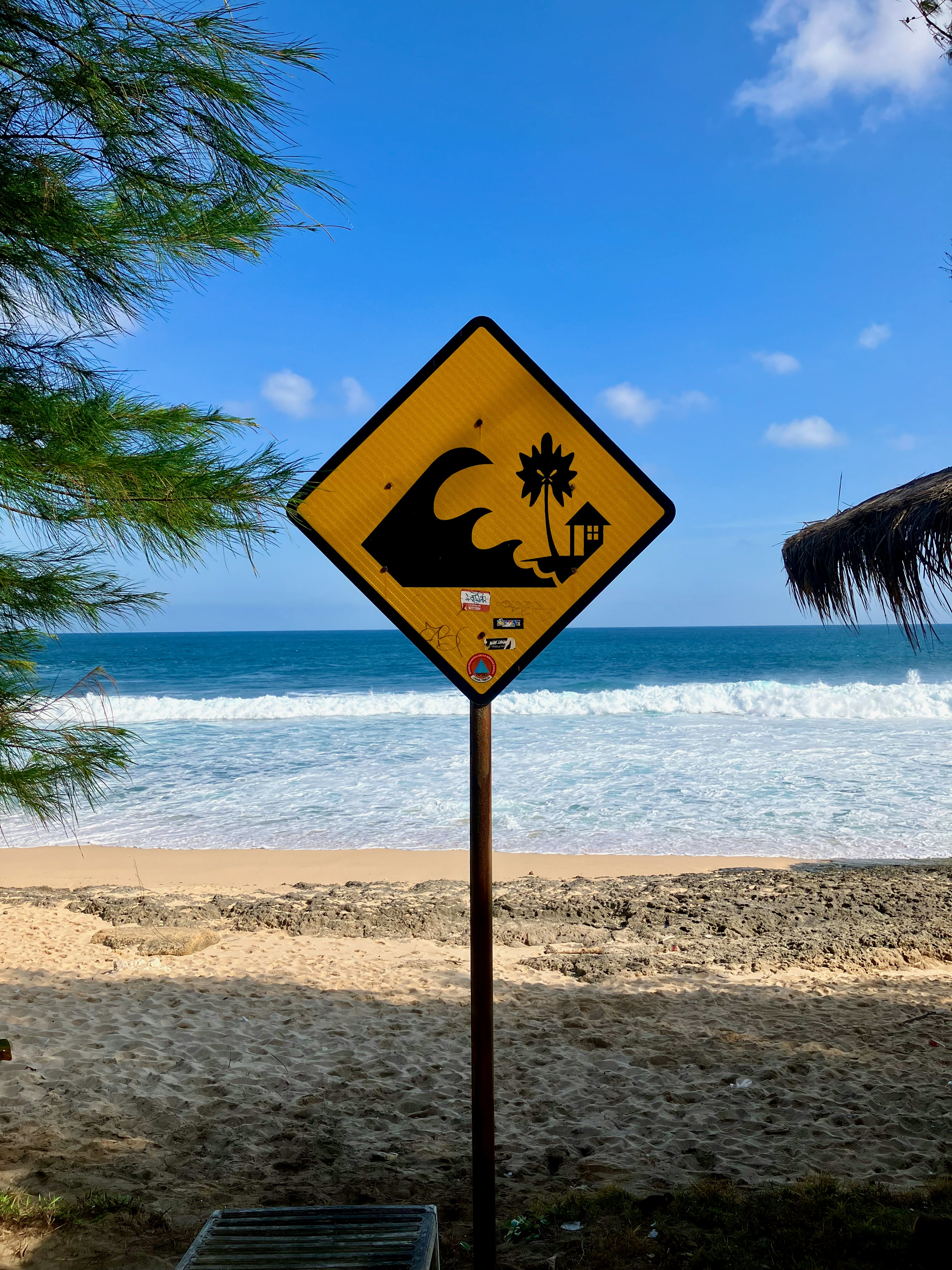 A yellow sign sitting on the side of a beach