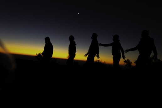A group of people walking across a field at sunset