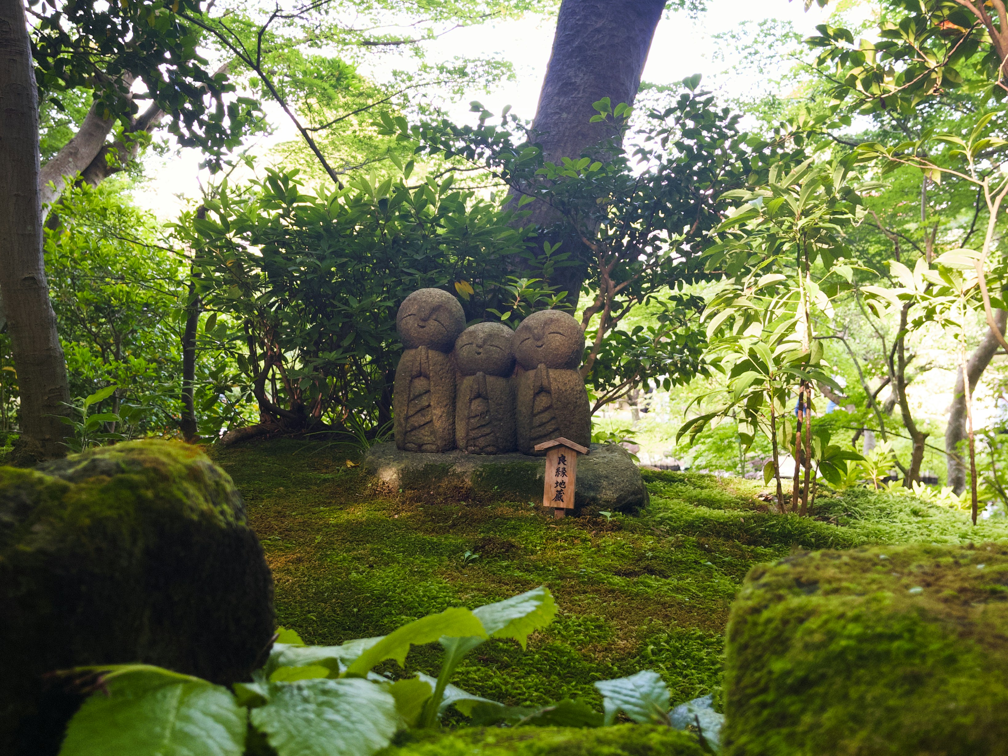 A group of statues sitting in the middle of a forest