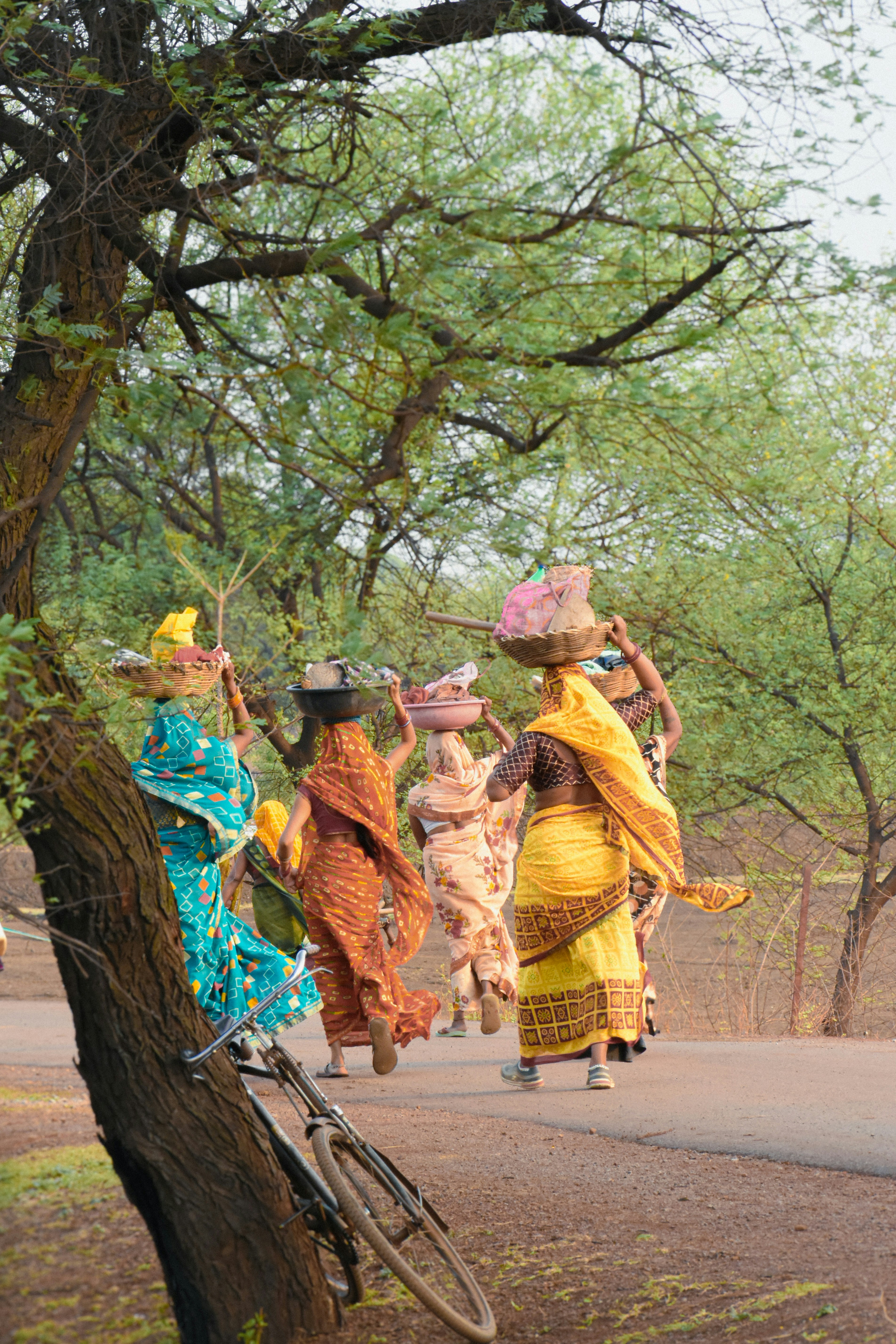 A group of people walking down a street next to a tree