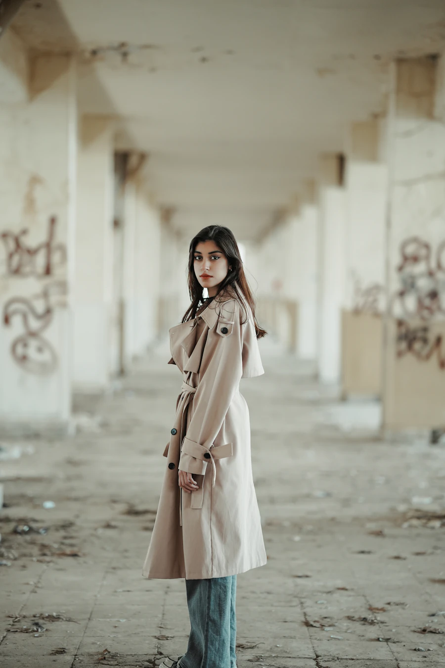 Woman in a belted stone trench coat inside an empty concrete building