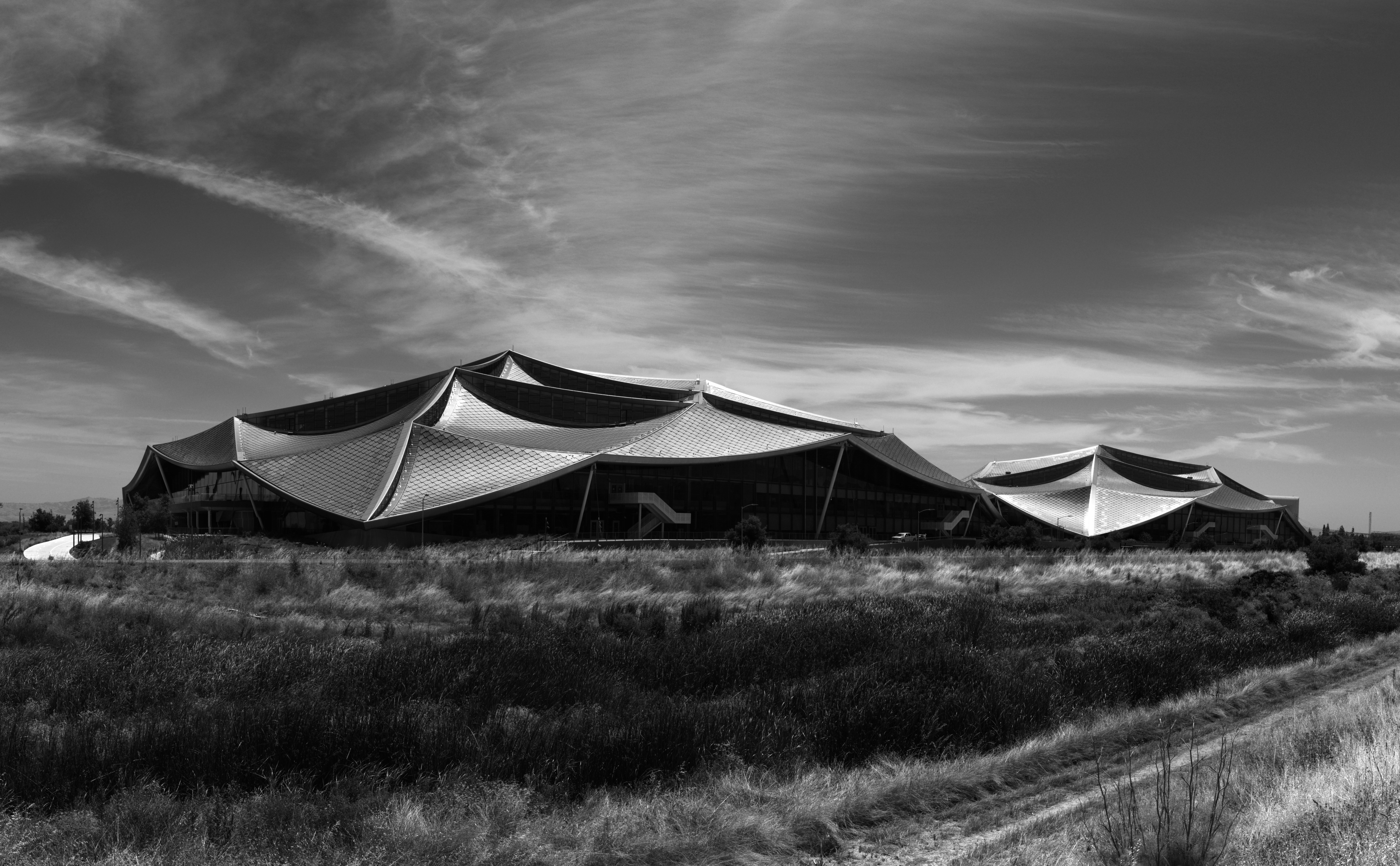 A black and white photo of a large tent