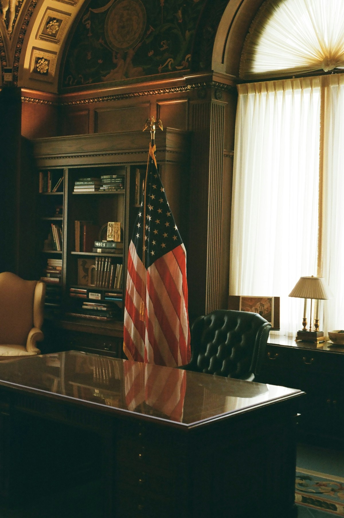 An American flag on a desk inside a federal government office at the Library of Congress