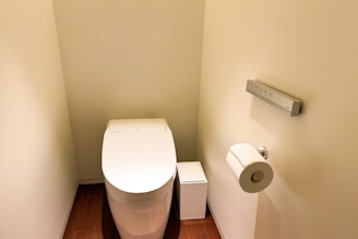 A white toilet sitting in a bathroom next to a roll of toilet paper