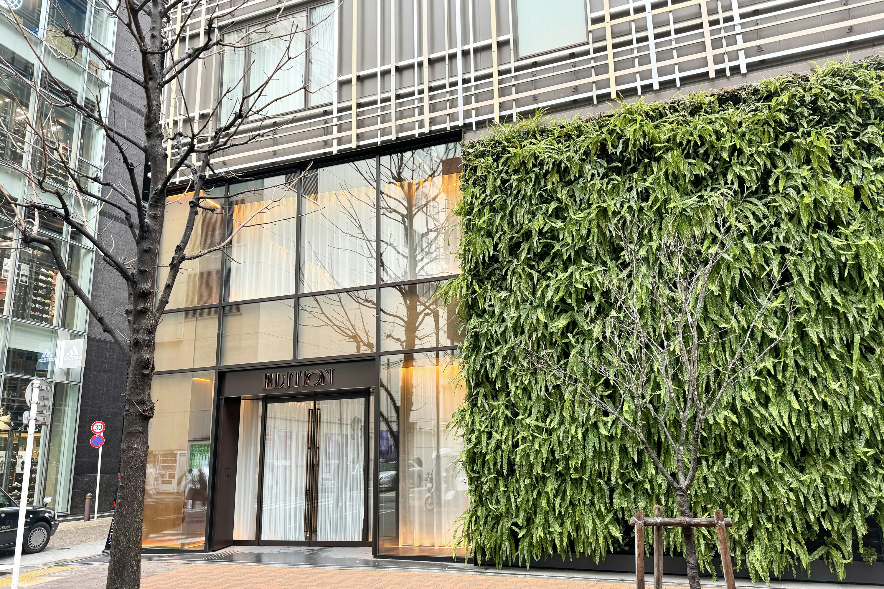 A tall building with a tree in front of it