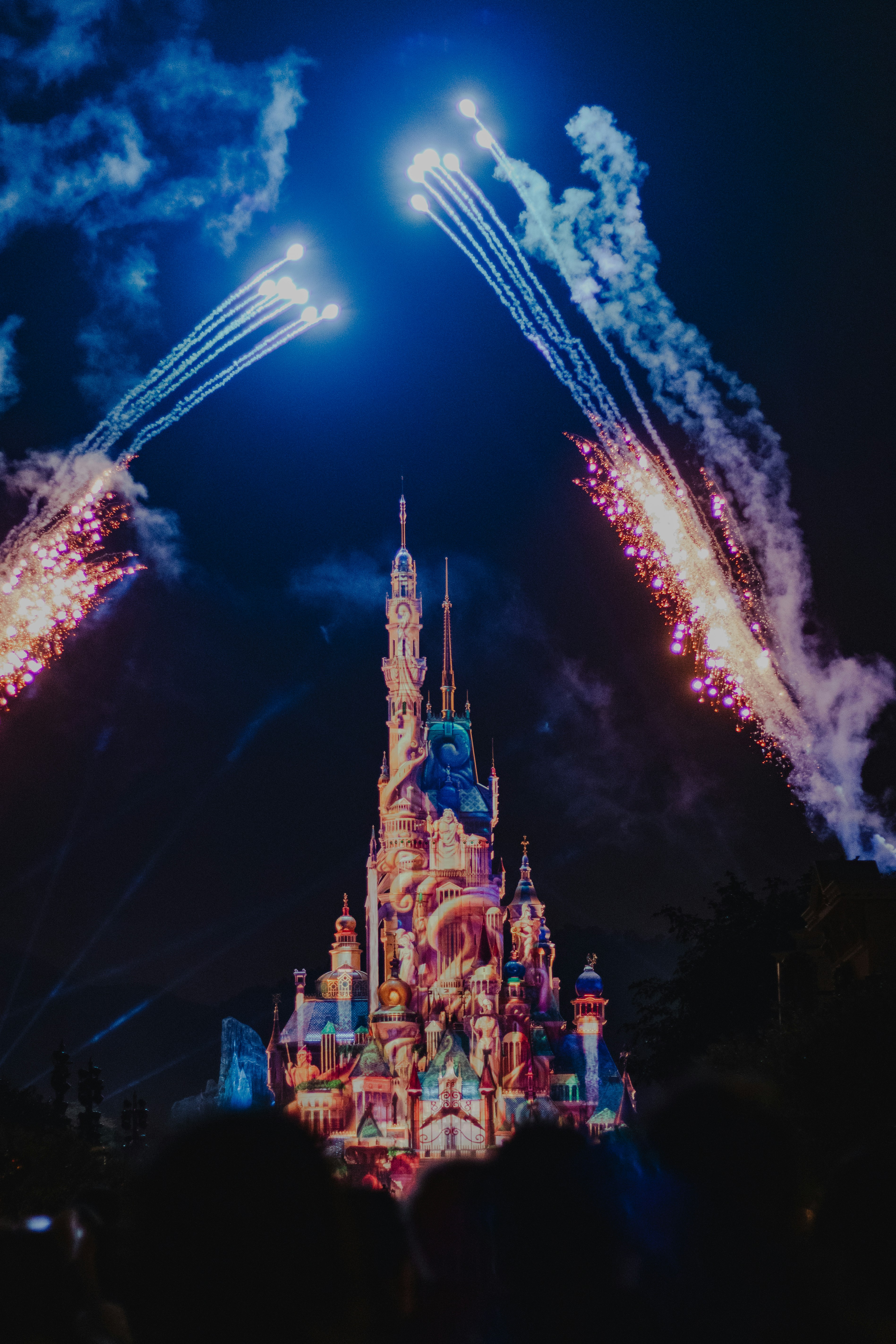 A castle is lit up at night with fireworks