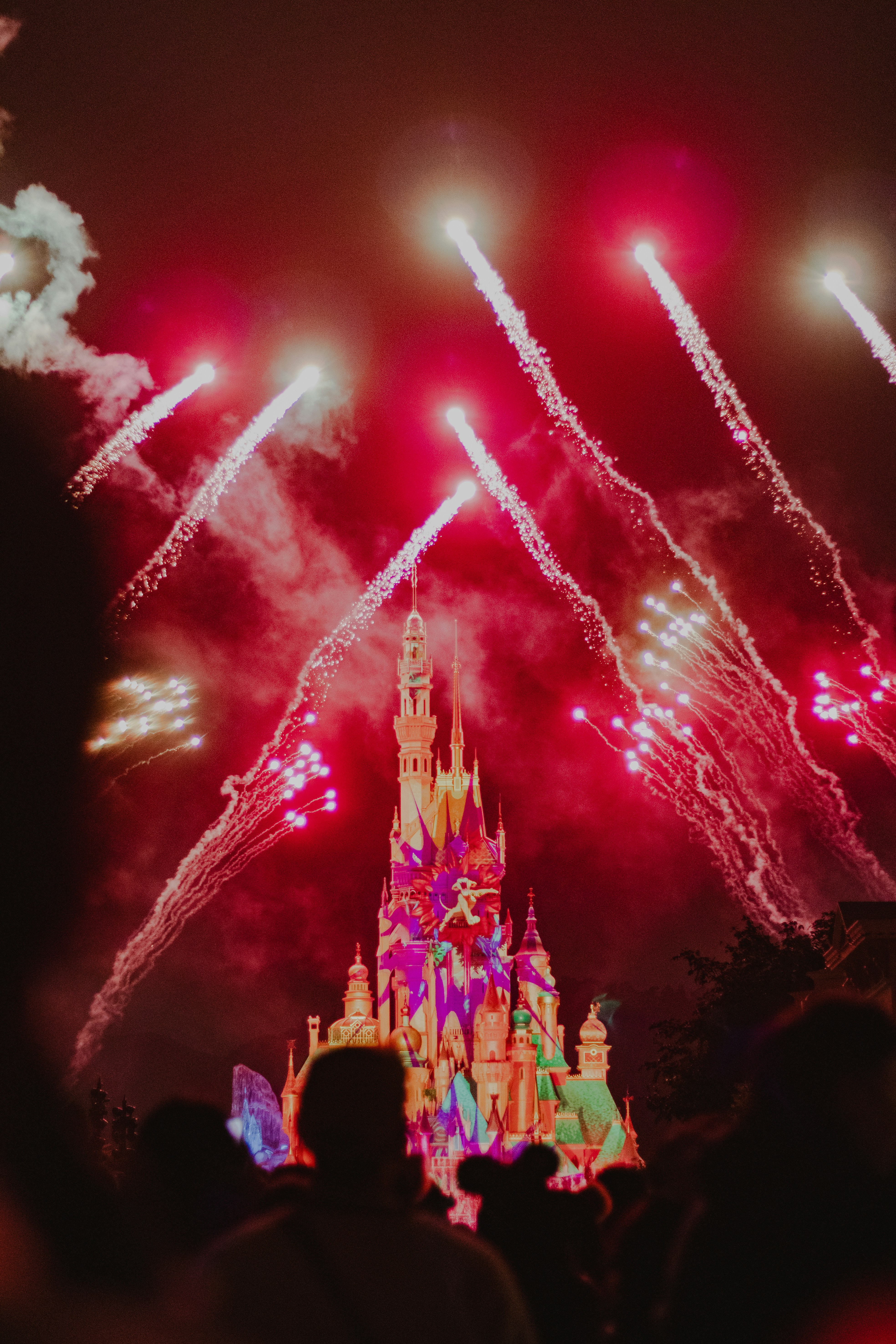 A castle is lit up at night with fireworks